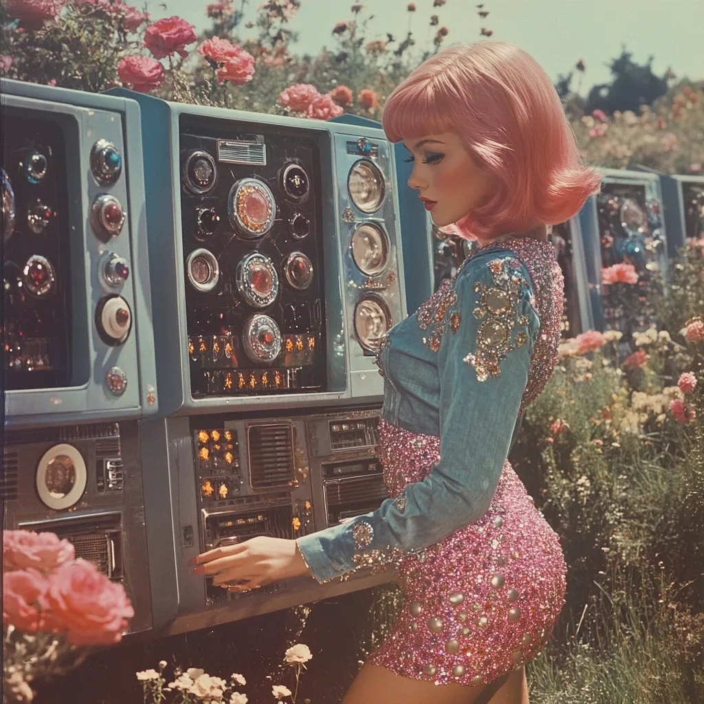 A young woman with vibrant pink hair stands in a flower garden, interacting with a large, retro-futuristic machine.  The machine resembles a complex control panel or audio console with numerous dials, buttons, and lights.  She wears a sparkly pink mini-dress and a denim jacket embellished with glittering details, creating a visually striking contrast against the pastel-toned machine and blooming flowers. The overall aesthetic is a blend of vintage and sci-fi elements.