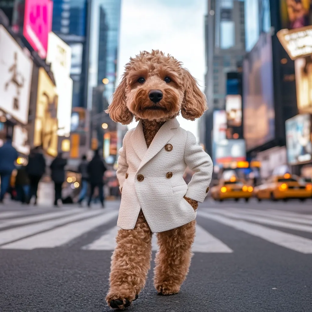 A fluffy brown poodle dog, stylishly dressed in a miniature white double-breasted suit, stands confidently on a New York City street.  The background is blurred but shows the iconic Times Square billboards and yellow cabs. The dog's attire and setting create a humorous and sophisticated juxtaposition.