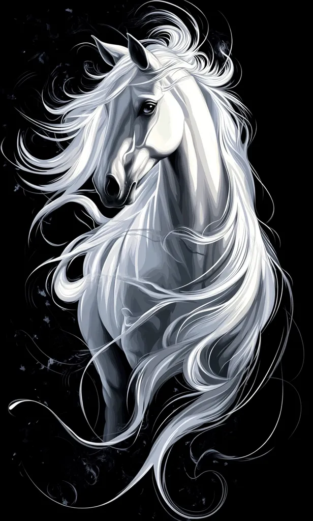 A majestic white horse is depicted against a black background.  Its long, flowing mane and tail cascade dramatically, creating a sense of movement and grace.  The monochromatic palette emphasizes the horse's elegant form and the texture of its coat.  The artwork is stylized, with a focus on the horse's ethereal beauty.  The dark background enhances the horse's luminescence, making it the clear focal point.