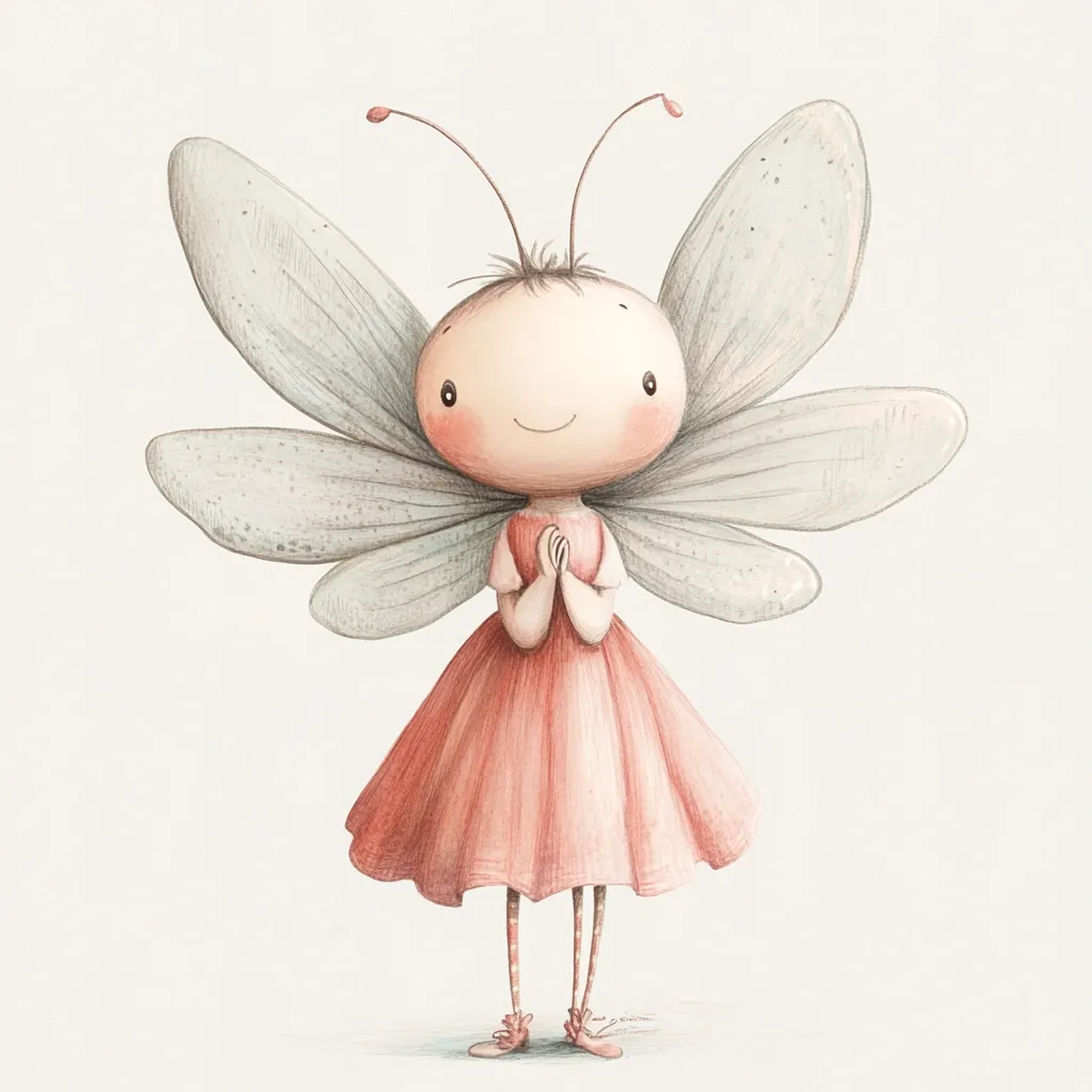 An adorable fairy, delicately rendered in pencil, stands with her hands clasped.  She wears a coral dress and possesses large, delicate, light-grey wings.  Her small, round head and cheerful expression add to her charming, whimsical nature. The illustration has a soft, pastel color palette and a gentle, dreamy style.