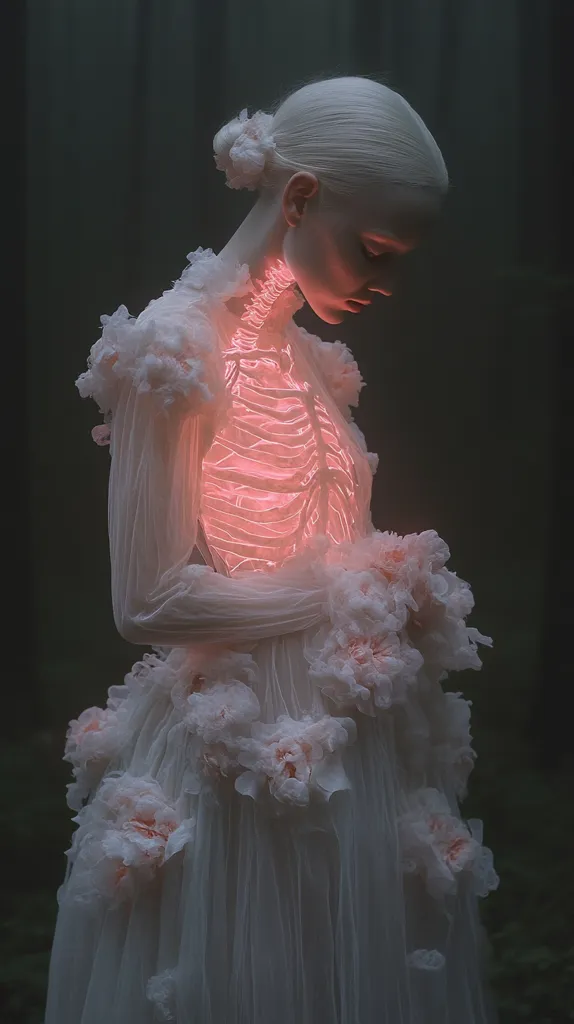 A pale woman with white hair, dressed in a flowing white gown adorned with delicate, blush-colored floral embellishments, stands in a dark, shadowy forest.  Her ribcage glows with an ethereal, neon pink light, creating a striking contrast against her ghostly complexion and the somber background. The image evokes a sense of ethereal beauty and perhaps mortality.