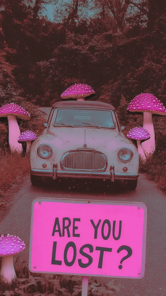 A vintage car sits in a whimsical forest path surrounded by large, vibrant pink mushrooms.  A bright pink sign in front reads, "ARE YOU LOST?" The scene is surreal and dreamlike, with a retro aesthetic and a playful, slightly unsettling mood. The overall color palette is predominantly pink and maroon.