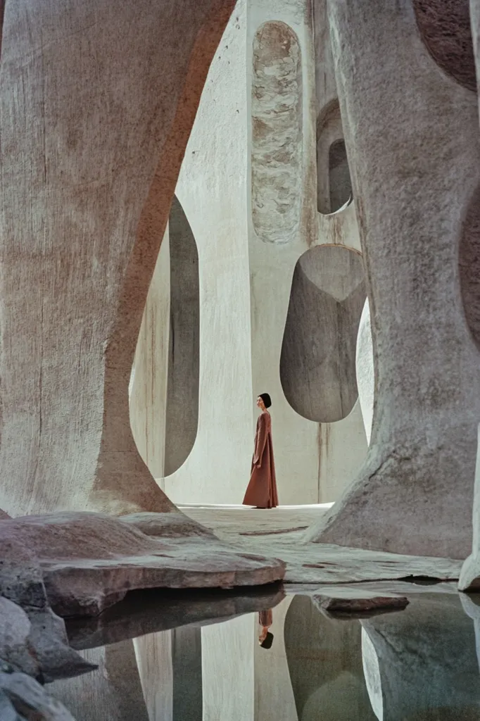 A woman in a long, rust-colored dress stands in a minimalist, cavernous space.  The architecture is composed of large, smooth, light-grey concrete forms with organic, curved openings.  A still pool of water reflects the structure and the woman, creating a serene and almost surreal atmosphere. The overall impression is one of stark beauty and contemplative solitude.