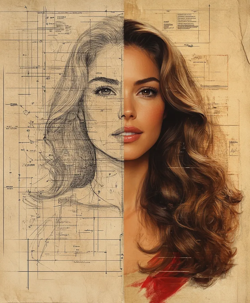A captivating digital artwork depicts a woman's face, half rendered in meticulous pencil sketch overlaid on technical blueprints, the other half a vibrant, realistic portrait.  The contrast between the sketched and photographic elements symbolizes the process of creation and the transition from concept to reality.  Her long, wavy brown hair cascades down, adding a touch of elegance against the aged, parchment-like background.  A splash of red suggests a brushstroke or perhaps a hint of emotion.