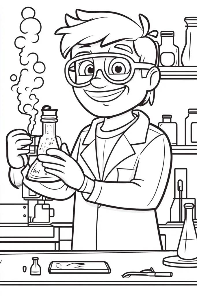 A young scientist, wearing glasses and a lab coat, carefully holds a flask with bubbling liquid. Steam rises from the flask, indicating a chemical reaction.  He's in a well-equipped laboratory with various bottles and equipment on shelves.  The scene is a black and white illustration, suitable for coloring.  He looks happy and engrossed in his experiment.