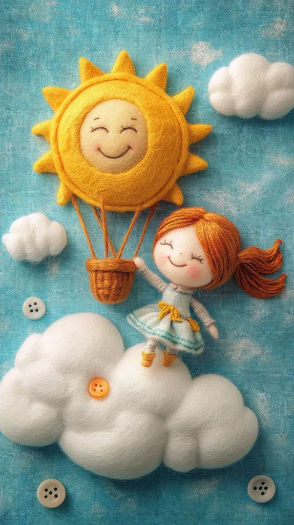 A whimsical felt creation depicts a smiling girl with orange hair riding a hot air balloon shaped like a happy sun.  She sits atop a fluffy white cloud against a light blue background, accented with smaller felt clouds and buttons. The scene is charming and evokes a sense of childlike wonder and joy.