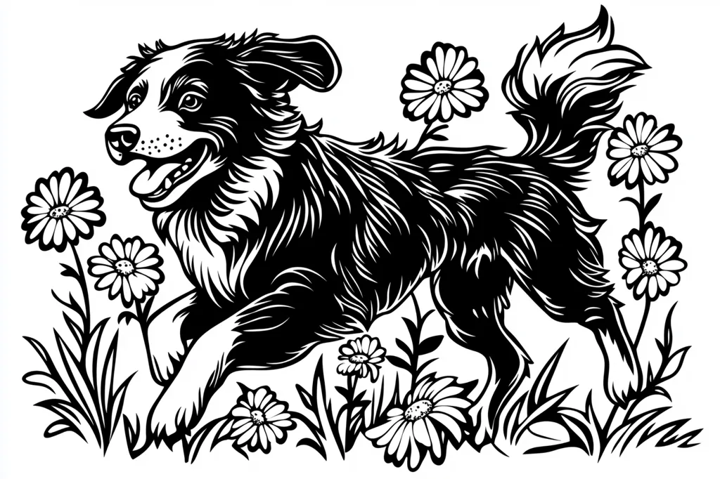 A black and white illustration of a Border Collie dog running through a field of daisies.  The dog is depicted in a stylized, almost woodcut-like manner, with bold lines and shading.  The daisies are detailed and add a sense of movement and life to the scene. The overall style is bold and graphic.