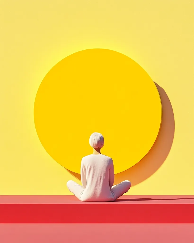 A minimalist digital illustration depicts a person with short blonde hair, sitting in a lotus position on a coral-colored platform against a bright yellow wall.  Behind them is a large, vibrant yellow circle, casting a subtle shadow. The scene evokes a sense of calm and contemplation, with bold color blocking creating a visually striking image.