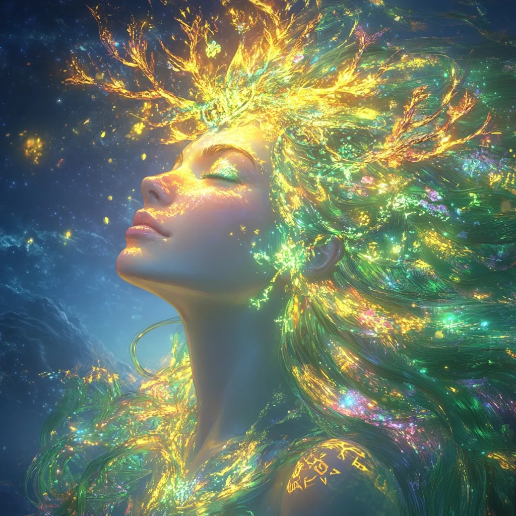 A digital painting depicts a serene woman with flowing, luminous hair.  Her hair is a vibrant mix of greens and golds, shimmering with an ethereal glow, resembling flowing energy or water.  A golden crown of branching patterns adorns her head.  Her eyes are closed, and her expression is peaceful, suggesting a connection to nature or a spiritual realm. The background is a dark, starry expanse, enhancing the mystical atmosphere.