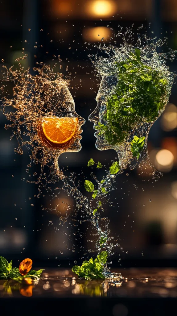 Two ethereal figures, formed from water splashes, face each other. One figure incorporates an orange slice, the other, vibrant mint leaves.  The image is dark and moody, with bokeh lights in the background, suggesting a bar or restaurant setting.  Water droplets splatter around the figures, creating a dynamic and visually striking composition.  A small orange flower and mint sprigs rest on a dark surface in the foreground.