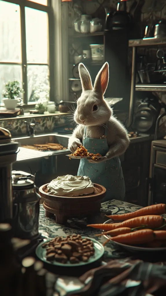 A white rabbit, wearing a blue apron, meticulously decorates a cake in a rustic kitchen.  The scene is bathed in warm, ambient light filtering through a window.  Carrots and what appears to be chocolate pieces sit on the countertop, adding to the charming, whimsical atmosphere. The rabbit carefully adds a layer of carrot cake topping to the creamy frosting.