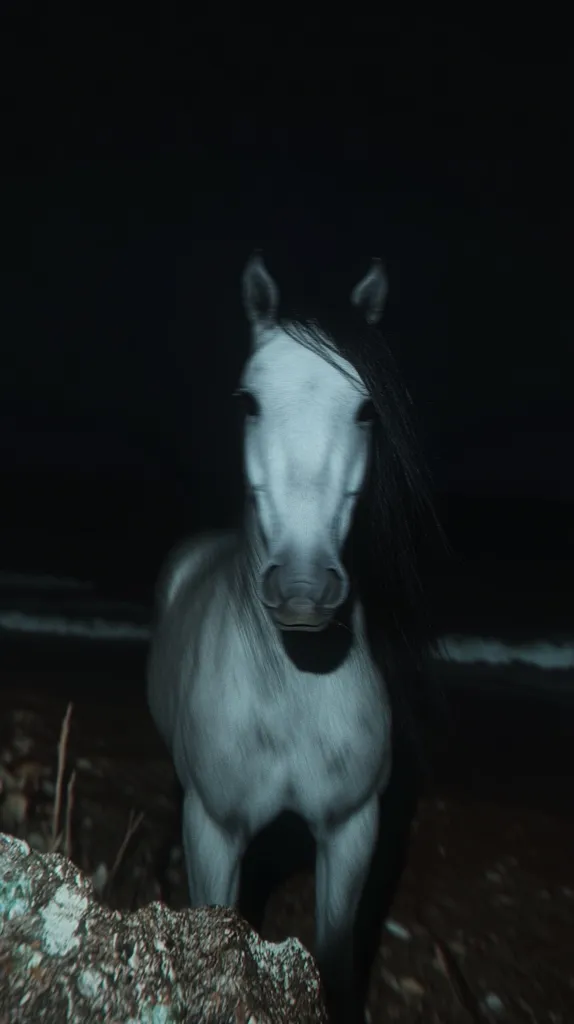 A gray horse with a long, dark mane stands in the darkness near a rocky shoreline.  The night scene is dimly lit, emphasizing the horse's pale coat and intense gaze. The ocean is visible in the background, suggesting a coastal setting.  The overall mood is mysterious and slightly eerie.