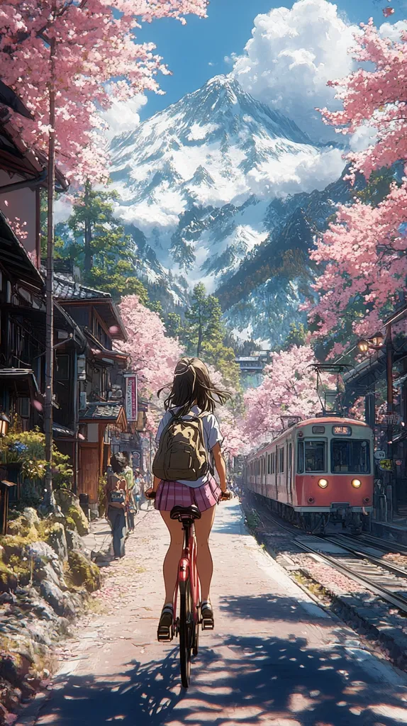 A girl rides a bicycle down a street lined with cherry blossom trees, towards a train approaching a station.  Traditional Japanese buildings flank the path, which leads to a breathtaking view of a snow-capped mountain range under a partly cloudy sky.  The scene is vibrant and idyllic, evoking a sense of calm and tranquility.  Pink petals fall gently around her.