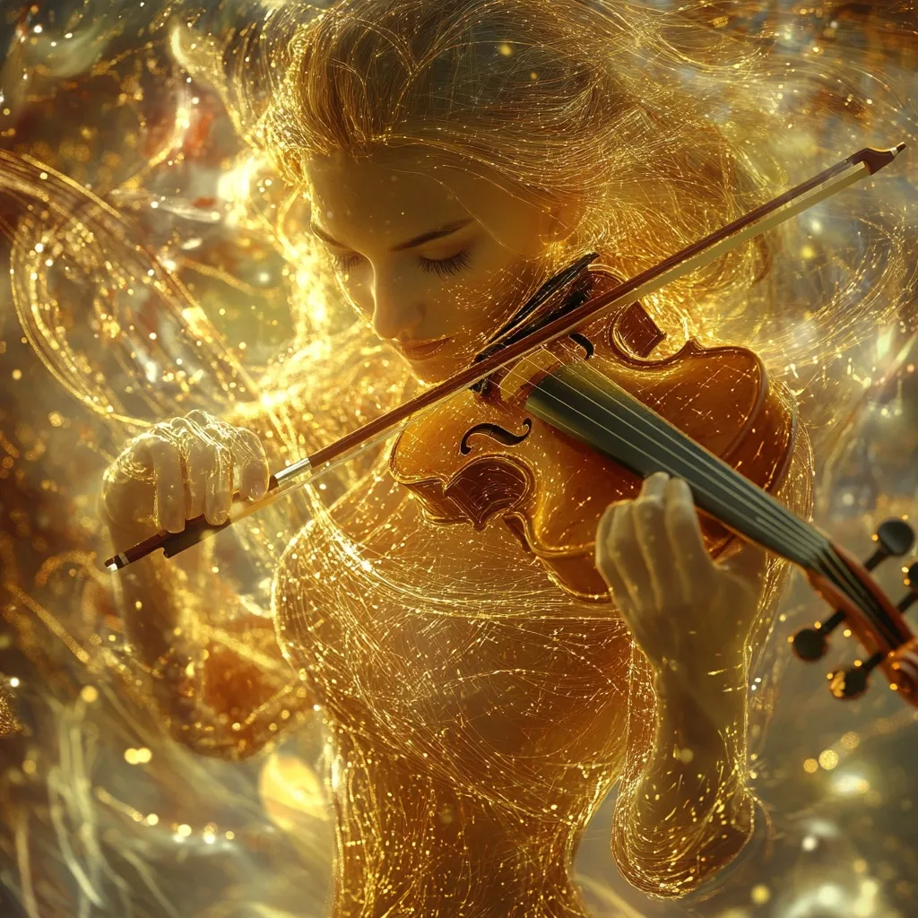 A woman, seemingly composed of golden light and threads, plays a violin.  Her eyes are closed in concentration as she delicately holds the instrument.  The image is ethereal and dreamlike, with shimmering golden particles swirling around her, creating a magical and enchanting atmosphere.  The overall effect is one of beauty, grace, and musical artistry.