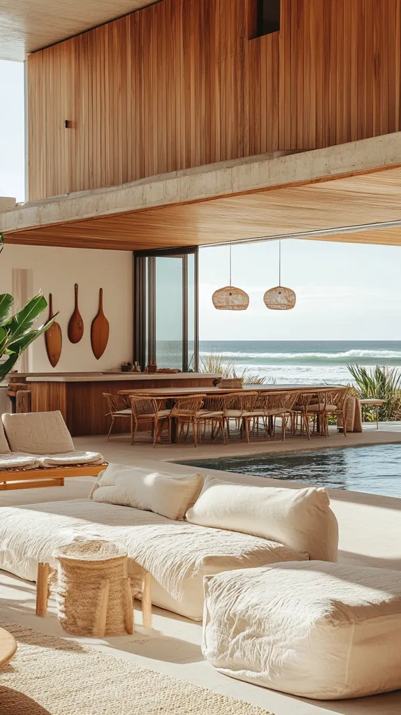 A luxurious beachfront home boasts a minimalist design.  Natural materials like light-colored linen sofas, wooden walls, and woven pendant lights create a serene atmosphere.  Large windows offer stunning ocean views, seamlessly connecting the indoor and outdoor spaces.  A dining area and infinity pool complete the picture of relaxed coastal living. The overall aesthetic is calm, sophisticated, and beach-inspired.