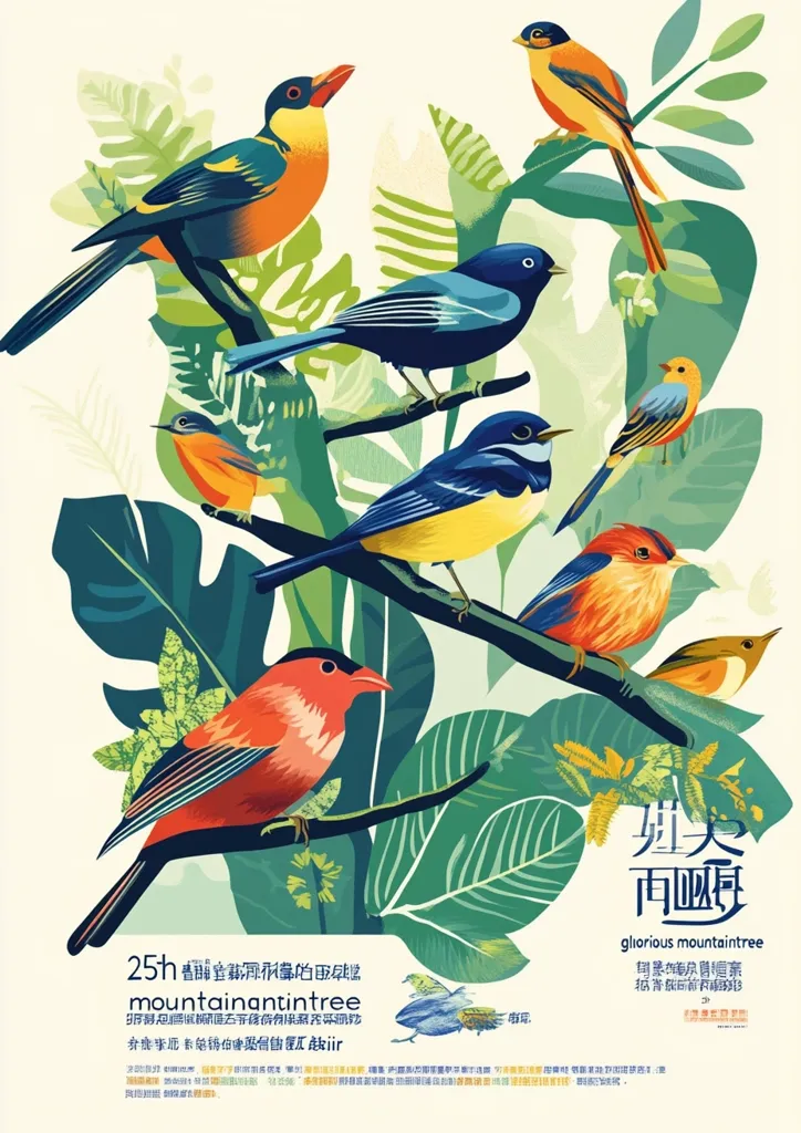 A vibrant illustration showcases a diverse array of colorful birds perched on lush, tropical branches.  The birds, rendered in a stylized, almost painterly manner, exhibit a range of bright hues, including oranges, yellows, blues, and reds. The background features large, stylized leaves, creating a sense of a dense, vibrant jungle.  The overall aesthetic is playful yet sophisticated, possibly a poster or print celebrating biodiversity.