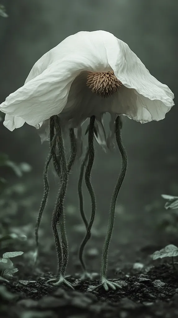 A surreal image depicts a large white poppy flower with unusually long, spindly stems ending in clawed feet.  The flower's petals are drooping, creating a dramatic, almost otherworldly effect.  The dark, moody background emphasizes the flower's unique features, suggesting a fantastical or dreamlike setting. The overall tone is dark and mysterious.