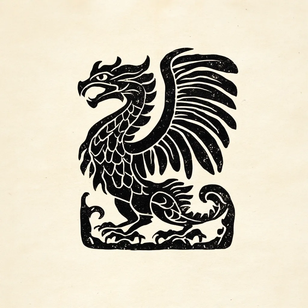 A black and white illustration depicts a stylized dragon, possibly a heraldic design.  The dragon is depicted in profile, with large wings spread, detailed scales, and a fierce expression. The style suggests a woodcut or linocut print, with visible texture and a slightly distressed look.  The dragon is positioned on a small base with decorative flourishes. The background is a creamy off-white.