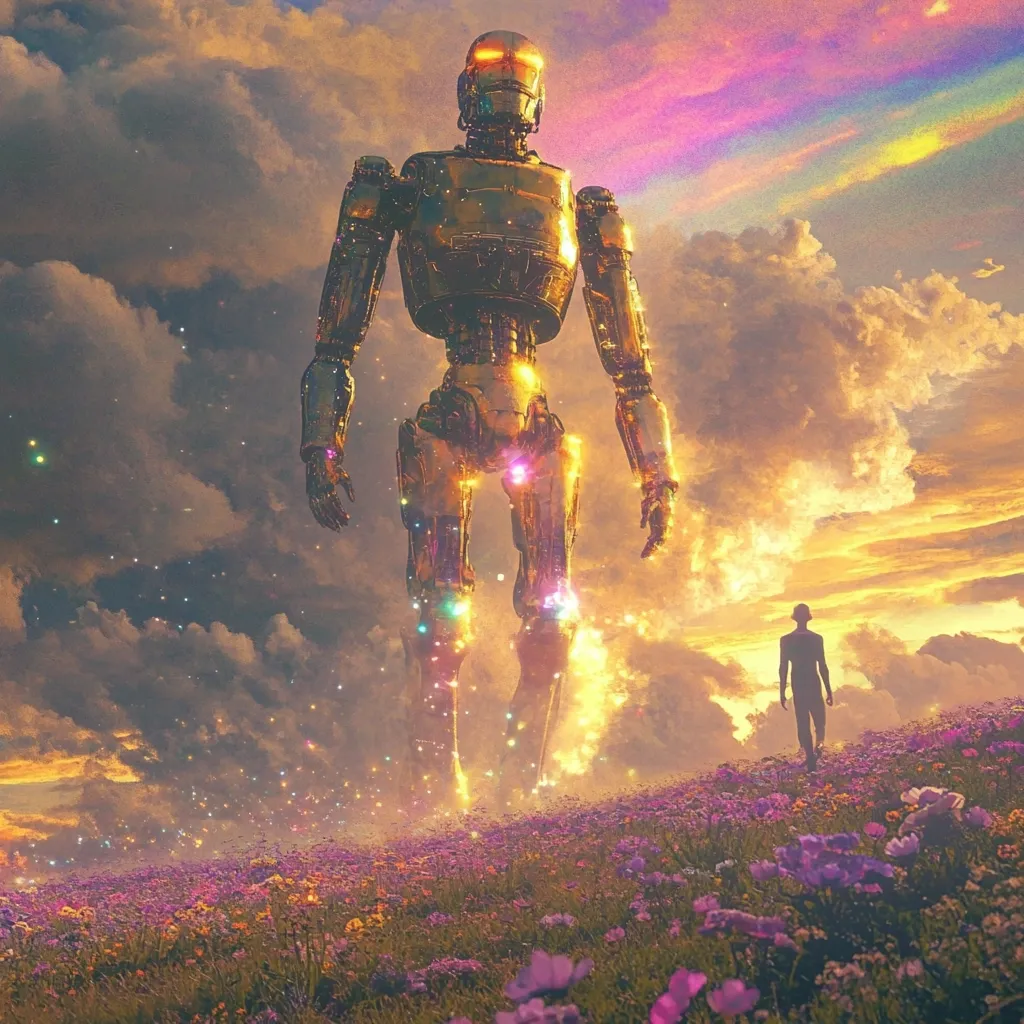 A colossal, golden robot stands in a field of vibrant purple and pink flowers under a dramatic sunset sky.  The robot glows with internal light, emanating a magical aura.  A small, silhouetted figure walks towards it in the distance, creating a sense of awe and wonder. The scene is surreal and evokes feelings of both futuristic technology and natural beauty.
