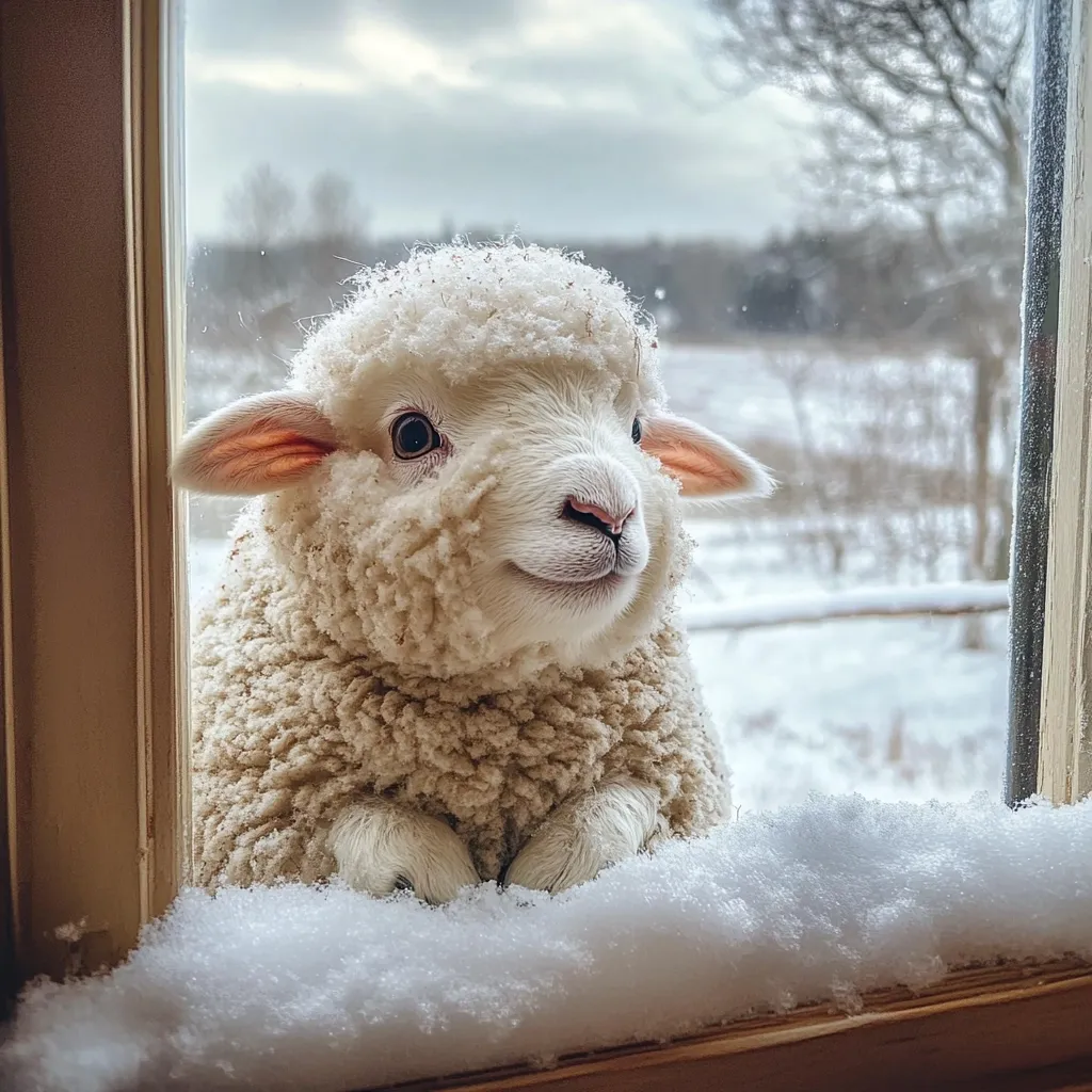 A fluffy white lamb looks out a window covered in snow.  The lamb's expression is sweet and curious. A snowy winter landscape is visible beyond the window, creating a charming and peaceful scene. The lamb's soft fur contrasts beautifully with the white snow.