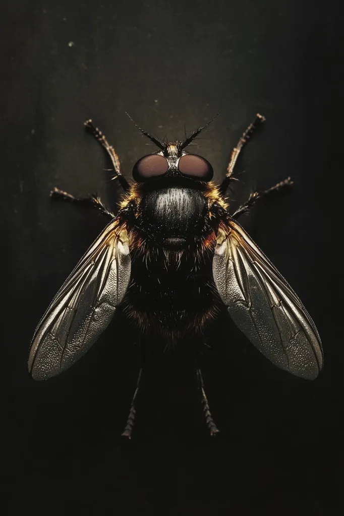 A detailed close-up captures a fly, its body predominantly black with subtle golden highlights.  Large, translucent wings extend from its thorax, showcasing intricate venation.  The fly's multifaceted eyes are prominent, reflecting light. The image is starkly contrasted against a dark background, emphasizing the insect's texture and form.