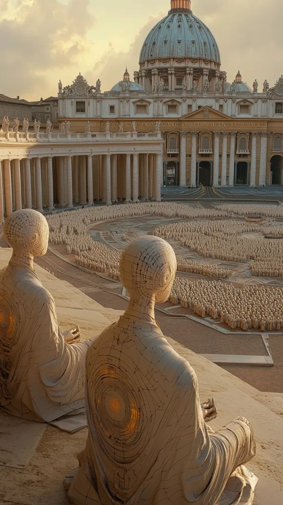 Two large, intricately designed statues sit overlooking St. Peter's Square in Vatican City.  The statues, appearing humanoid yet abstract, are positioned with their backs to the viewer, gazing at a vast crowd gathered in the square below.  The setting sun casts a warm glow on the scene, highlighting the architectural grandeur of St. Peter's Basilica and the multitude of figures.  The overall image blends classical architecture with futuristic sculpture, creating a striking juxtaposition.