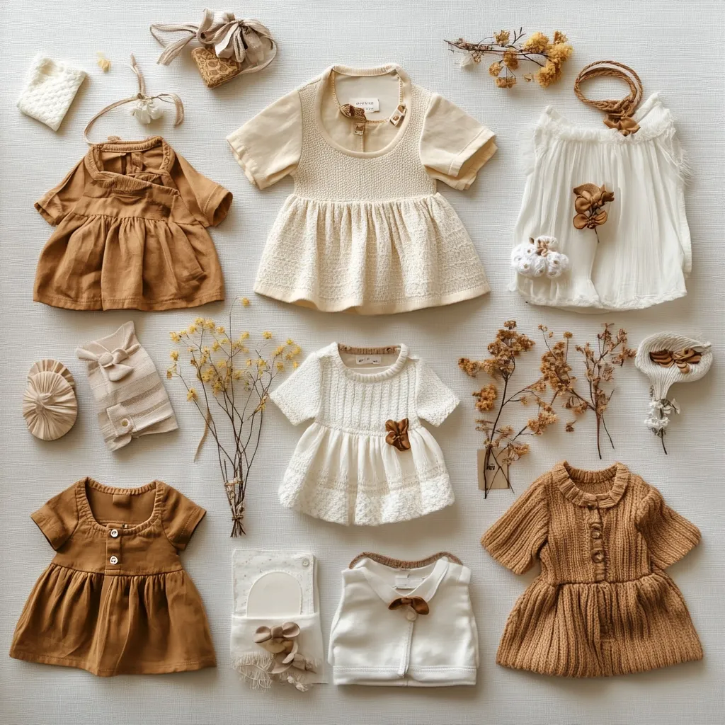 A flat lay showcasing a collection of adorable baby girl outfits in neutral tones of cream and brown.  The image features several dresses, a cardigan, and accessories like headbands and booties, arranged artfully with dried floral sprigs.  The overall aesthetic is minimalist and chic, perfect for newborn or baby photoshoots. The clothing is crafted from soft, textured materials.