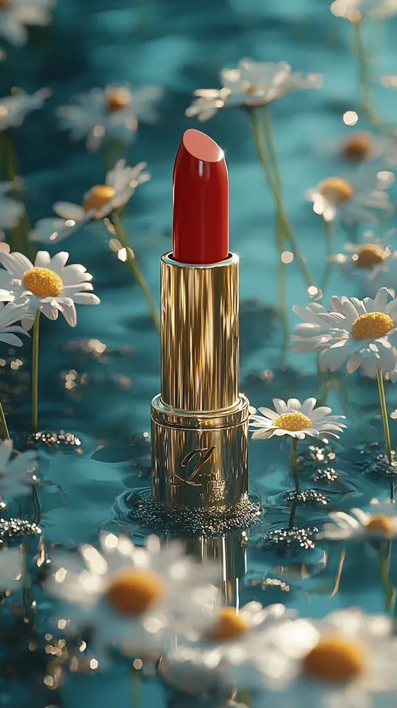 A vibrant red lipstick with a gold casing rests gently on teal water, surrounded by delicate white daisies.  The scene is serene and aesthetically pleasing, highlighting the contrast between the bold lipstick and the soft floral backdrop.  The water's surface reflects the lipstick and flowers, adding depth to the image. The overall mood is calm and luxurious.