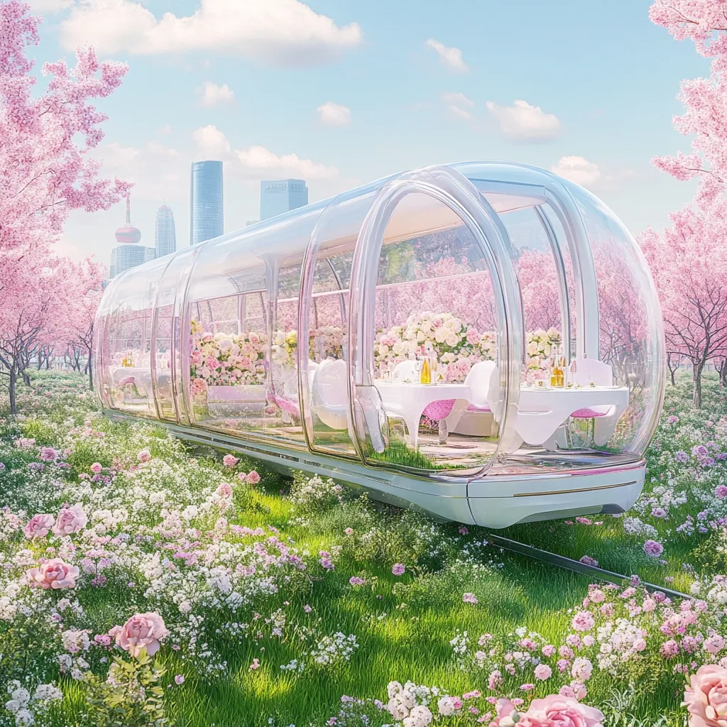 A transparent, futuristic train car, adorned with pink flowers, sits amidst a blooming meadow.  Inside, a romantic dining setting is visible, complete with white tables and chairs.  The scene is idyllic, with a backdrop of cherry blossoms and a modern cityscape in the distance, creating a surreal and enchanting atmosphere.  The train appears to be a unique, luxurious dining experience.