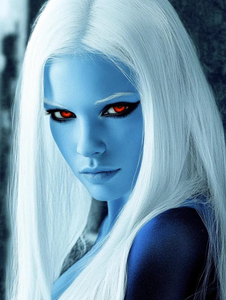 A captivating portrait of a woman with striking blue skin and long, flowing white hair.  Her intense red eyes and serious expression create a mystical and ethereal aura.  She's dressed in a dark blue garment, enhancing the contrast of her pale hair and skin. The image evokes a fantasy or science fiction aesthetic.