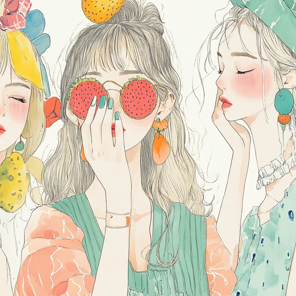 A watercolor-style illustration depicts three young women with pastel-colored clothing and accessories.  The central figure wears strawberry slice sunglasses and peach earrings.  The women are adorned with fruit-themed decorations, creating a whimsical and vibrant aesthetic.  Their soft features and delicate lines contribute to the artwork's overall gentle and dreamy atmosphere.