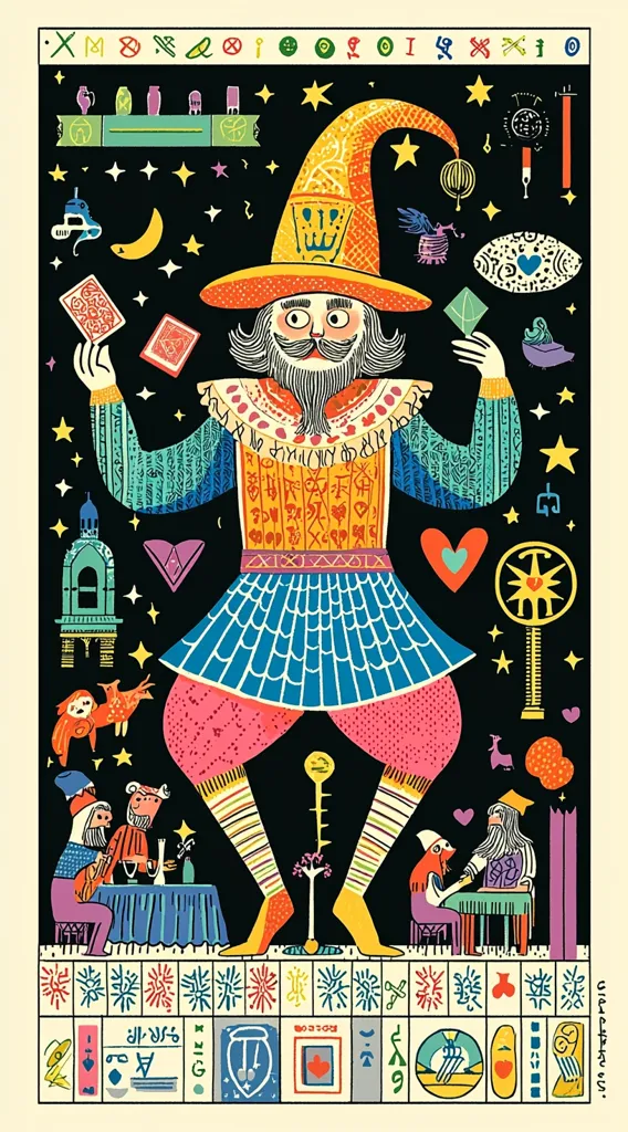 A vibrant illustration depicts a large, whimsical wizard in a colorful, pointed hat, standing amidst a starry night sky filled with symbolic objects.  He holds playing cards, surrounded by smaller figures at a table. The artwork is rich with folk-art style details and intricate patterns, creating a magical, mystical atmosphere.  Symbols and glyphs border the image, adding to its enigmatic quality.