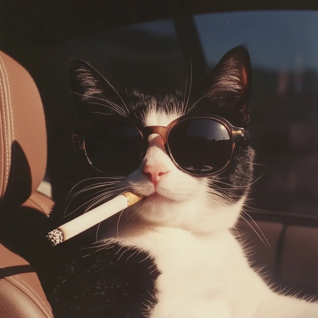 A cool tuxedo cat, sporting dark sunglasses, sits in a car seat.  A cigarette is held nonchalantly in its mouth, creating a humorous, almost gangster-like image. The cat's expression is serene and self-assured, conveying a sense of effortless coolness. The sunlit scene adds to the overall vintage vibe of the photograph.