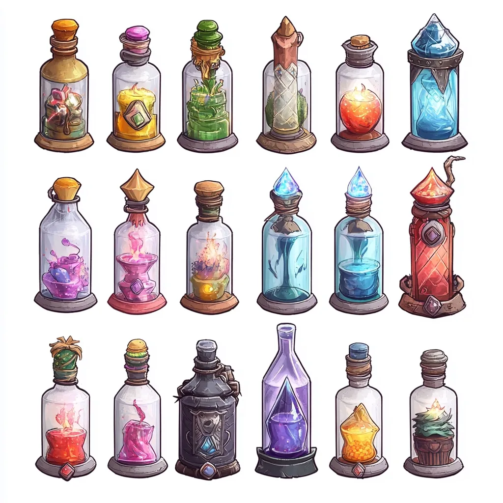 A collection of sixteen whimsical glass bottles, each containing a unique and colorful concoction.  The bottles are diverse in shape and style, with various stoppers and decorative elements.  Some feature candles, plants, gems, and glowing liquids, suggesting magical potions or enchanted items. The illustrations are detailed and vibrant, showcasing a fantasy or game-like aesthetic.