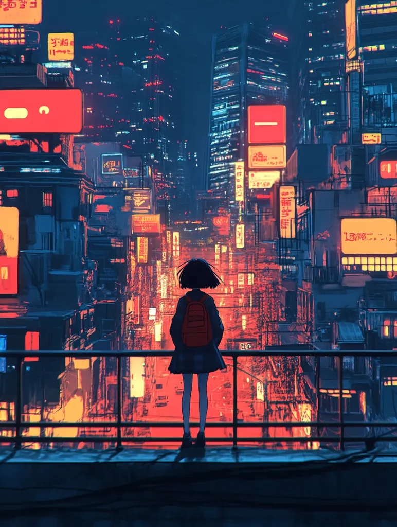 A lone girl with a red backpack stands on a rooftop overlooking a vibrant, futuristic cityscape at night.  Neon signs in red and orange illuminate the densely packed buildings, creating a warm glow against the dark sky. The scene is stylized with a blend of digital painting and anime influences, evoking a sense of both wonder and solitude.  The girl's back is to the viewer, emphasizing her contemplation of the bustling city below.