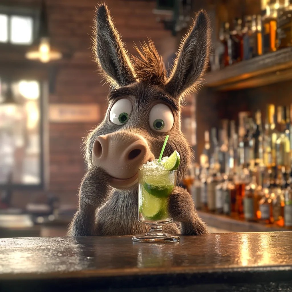 A charming cartoon donkey sits at a bar, holding a refreshing lime-garnished cocktail.  Its expressive eyes and friendly demeanor create a whimsical scene. The background features a dimly lit bar stocked with various bottles, adding to the inviting atmosphere.  The donkey appears content and relaxed, enjoying its drink.
