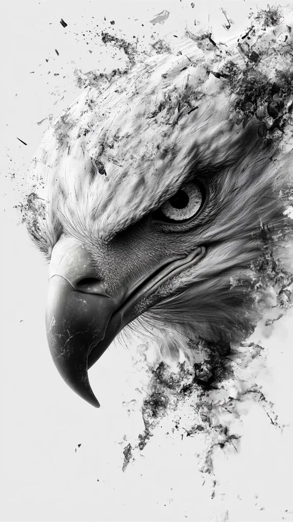 A monochrome close-up depicts an eagle's head, rendered in a striking style.  The eagle's intense gaze and sharp beak are highlighted, contrasted by a background of fragmented, ink-like splashes. The image blends realism with abstract elements, creating a powerful and dynamic portrayal of the majestic bird.  The grayscale palette enhances the dramatic effect, emphasizing texture and form.