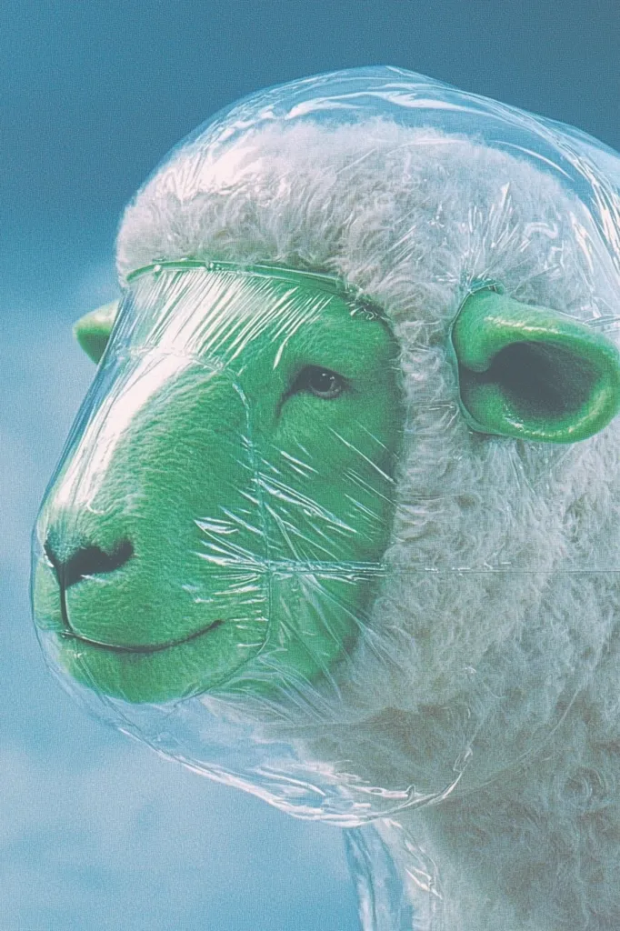 A close-up image depicts a sheep's head encased in clear plastic wrap. The sheep's face is a vibrant green, contrasting with its white, fluffy wool.  The plastic appears taut, clinging to the sheep's features. The background is a muted blue, emphasizing the central figure. The overall effect is surreal and slightly unsettling, possibly commenting on environmental issues or the artificiality of nature.