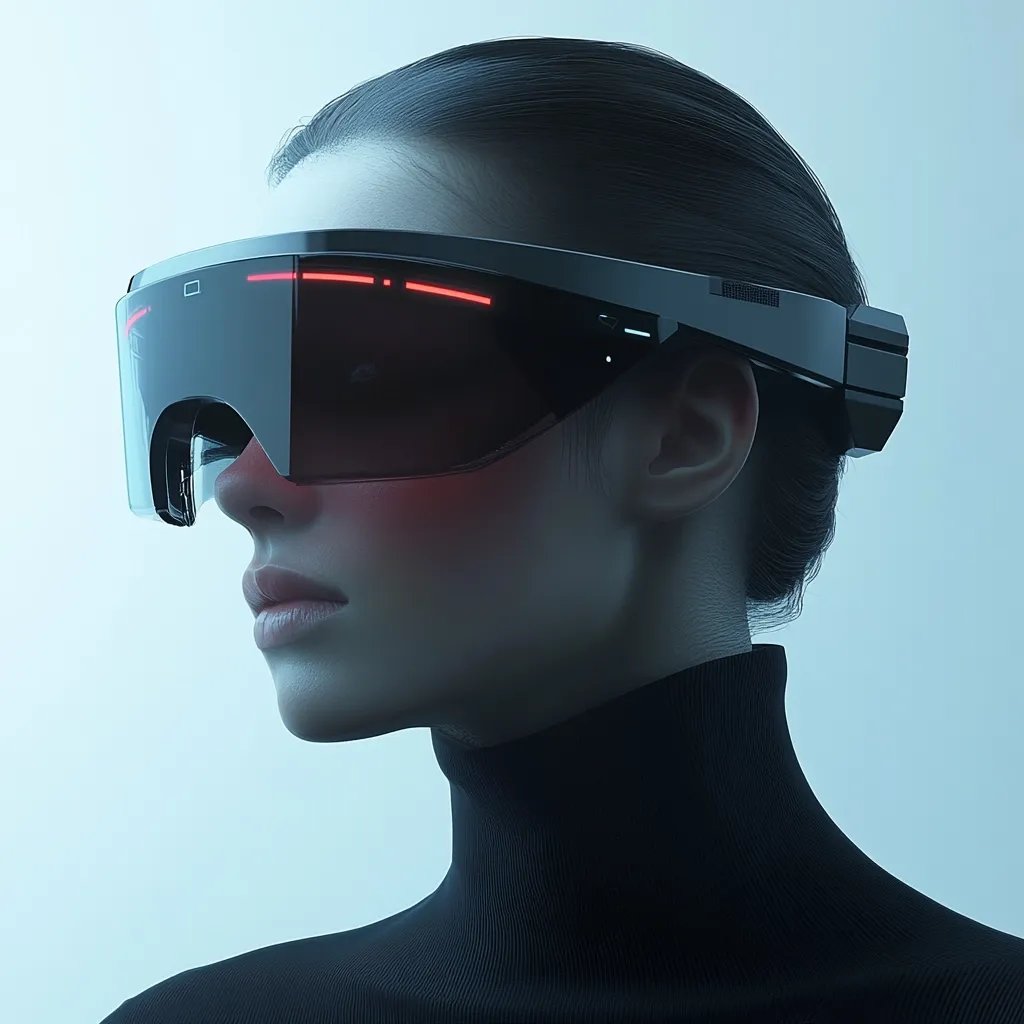 A woman with dark hair pulled back wears sleek, futuristic glasses with a red light accent. The glasses appear to be augmented reality or virtual reality devices, covering her eyes and extending to the sides of her face. She is wearing a black turtleneck, creating a minimalist, stylish, and technologically advanced look. The overall aesthetic is cool and futuristic, hinting at a cyberspace or advanced technological setting.
