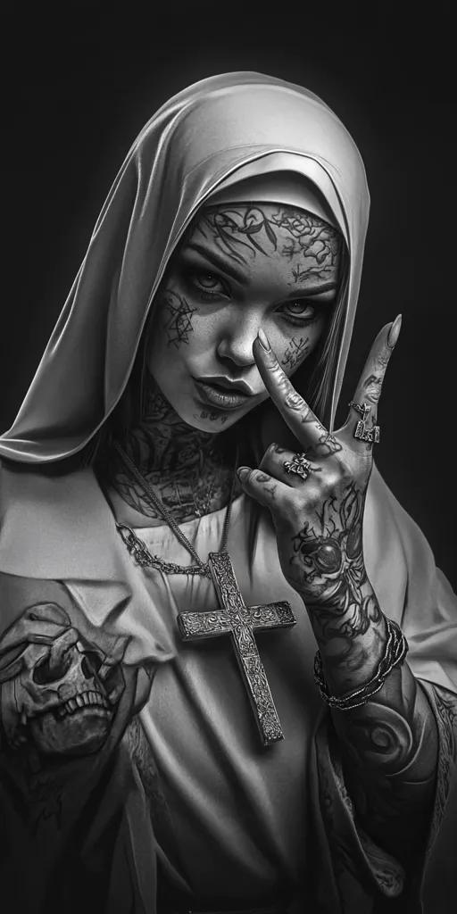 A black and white image depicts a nun with extensive tattoos covering her face and arms.  She wears a large silver cross and rings.  Her expression is intense, and she holds one hand up in a gesture that could be interpreted as a peace sign or a threat. The overall style is dark and gothic, creating a striking contrast between religious imagery and rebellious body art.