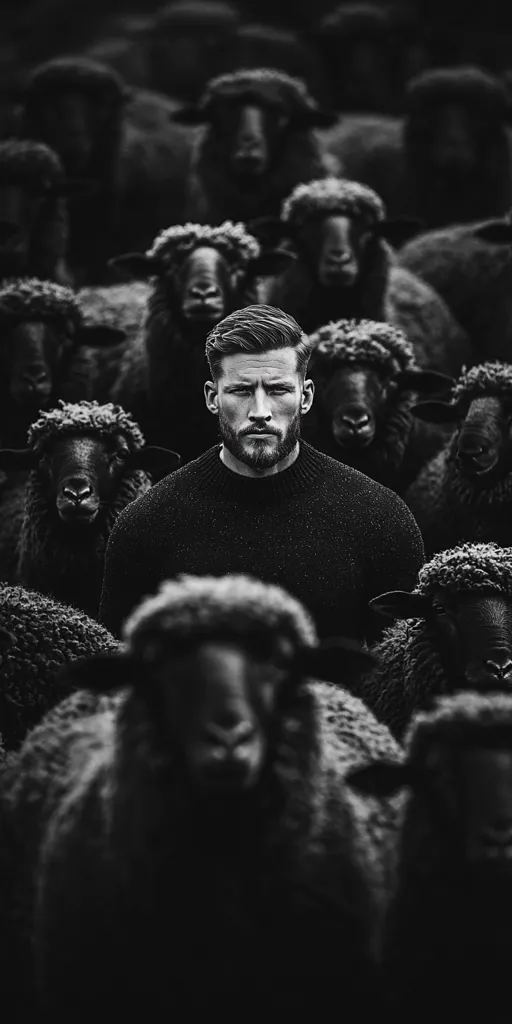 A man with a beard and short hair stands confidently amidst a flock of sheep.  The monochrome image creates a stark contrast between the man and the woolly creatures surrounding him.  His serious expression and dark clothing set him apart from the homogenous mass of sheep, suggesting a theme of individuality or nonconformity. The image is visually striking due to its high contrast and dramatic lighting.
