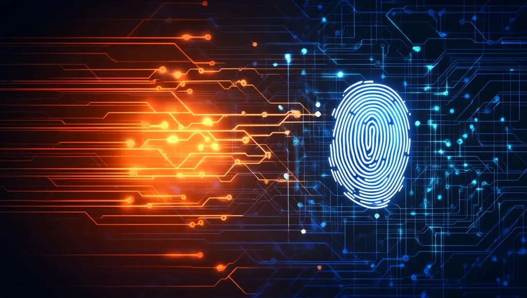 An abstract digital image depicts a glowing fingerprint at the center, overlaid on a complex network of circuit boards.  Warm orange hues flow from the left, contrasting with cool blues on the right, visually representing data flow and connectivity.  The overall effect suggests themes of cybersecurity, biometric authentication, and technological advancement.