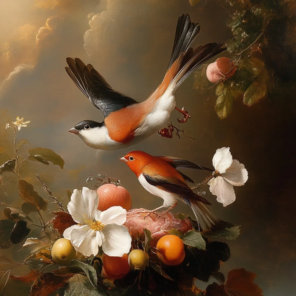 A vibrant oil painting showcases two vividly colored birds perched amidst a lush arrangement of fruit and blossoms.  One bird, predominantly orange and white, is in flight, while its companion rests on a bed of peaches, apples, and white flowers. The background features a soft, cloudy sky, creating a dramatic contrast with the rich colors of the foreground.  The overall style suggests a classic still life with a focus on detailed rendering of both the avian subjects and the botanical elements.