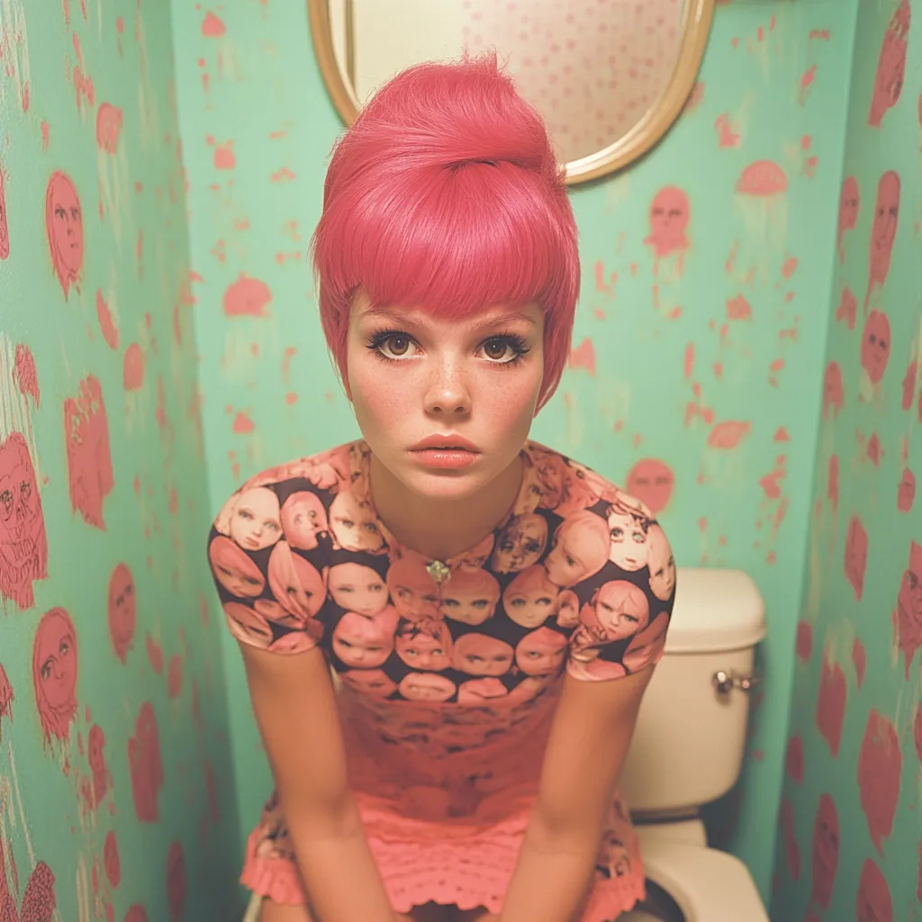 A young woman with vibrant pink bouffant hair sits in a bathroom. She's wearing a pink dress adorned with repeated images of faces. The bathroom walls feature a teal background with a pattern of pink faces and jellyfish.  The overall aesthetic is retro and playful, with a slightly quirky and vintage feel.  The image is sharply focused on the girl, emphasizing her striking hair and expression.