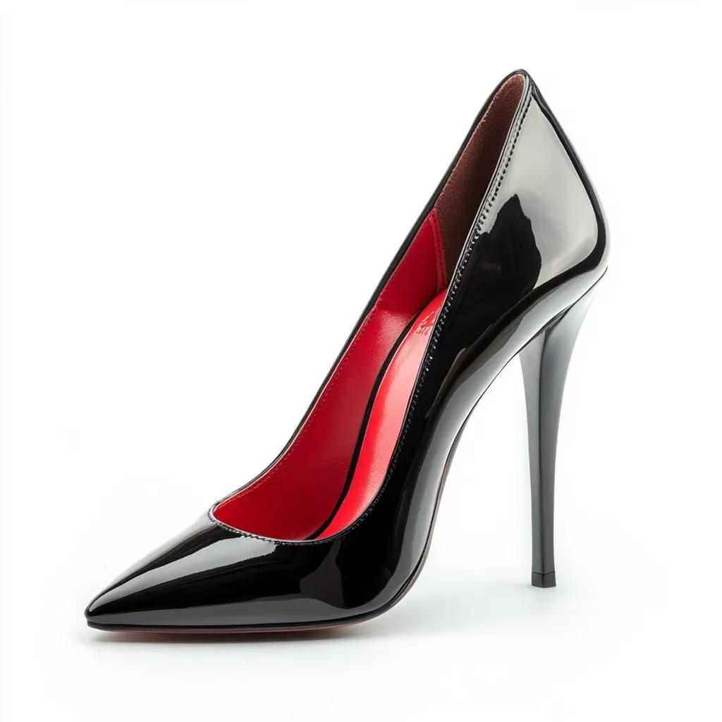 A single black patent leather high-heeled pump is presented against a stark white background.  The shoe features a pointed toe and a stiletto heel.  The interior lining is a vibrant red, contrasting sharply with the exterior's polished black finish. The image showcases the shoe's elegant and sleek design.