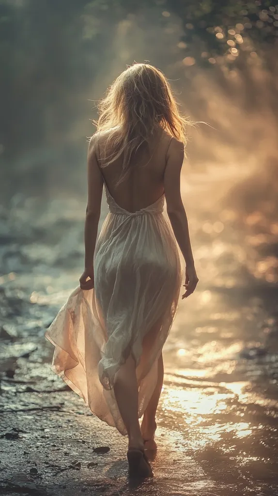 A woman with long blonde hair walks away from the camera along a shallow stream. She wears a flowing, light-colored backless dress that billows around her legs. The sun shines through the trees, creating a hazy, golden light. The scene evokes a feeling of peace and serenity.  The focus is on the woman's graceful movement and the ethereal atmosphere.