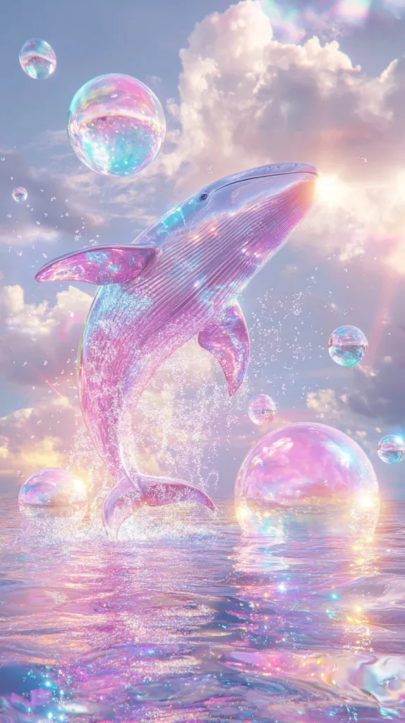 A pastel-colored whale leaps from iridescent water, surrounded by shimmering bubbles and a dreamy, cloudy sky.  The scene is ethereal and whimsical, with soft lighting and a magical atmosphere.  The whale's form is sleek and almost otherworldly, reflecting the surrounding light.  The overall effect is one of serene beauty and fantasy.