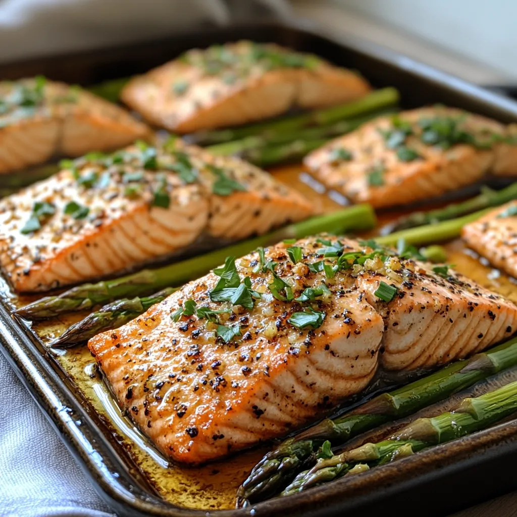 A close-up shot showcases a sheet pan brimming with roasted salmon fillets and asparagus.  The salmon is glistening, seasoned with herbs and garlic, and cooked to a perfect golden brown.  Asparagus spears are arranged beneath and around the salmon, creating a visually appealing and delicious-looking meal.  The image highlights the texture and appetizing colors of the food.