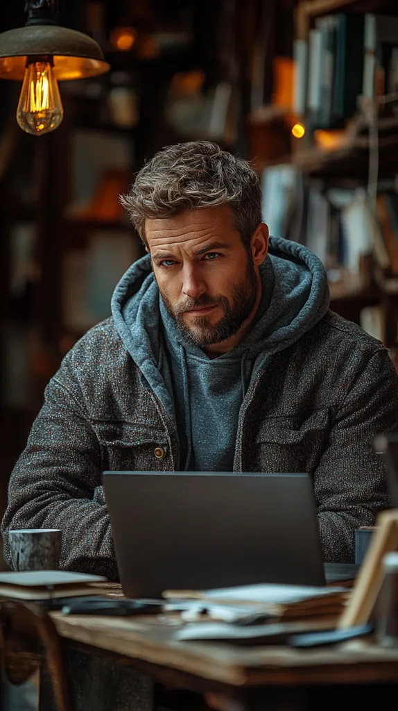 A man with a beard and textured hair sits at a wooden table in a dimly lit bookstore. He's wearing a gray hoodie under a dark gray jacket, intensely focused on a laptop. The warm glow of a vintage lightbulb hangs above, casting a soft light on the scene, creating a cozy, contemplative ambiance.  Papers and a mug sit beside the laptop, suggesting work or study.