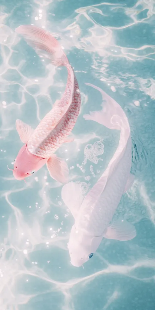 Two koi fish, one pale pink and the other white, gracefully swim in serene, light teal water.  Bubbles rise around them, creating a tranquil scene.  The fish's scales shimmer subtly, and the water's gentle movement adds to the peaceful atmosphere.  The image evokes a sense of calm and beauty.